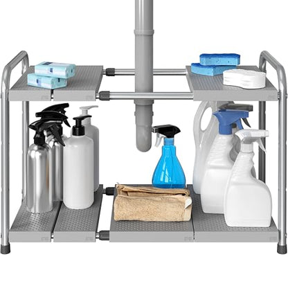 Simple Houseware Under Sink 2-Tier Heavy Duty Expandable Rack Organizer, Adjustable Width 15.75–25 Inches with 4 Shelf Height Levels, Silver - color: Silver