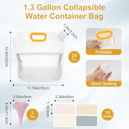 24 Pcs 1.3 Gal Collapsible Water Storage Bag, Emergency Water Jug | Foldable, Funnel & Stickers, Plastic Storage Pouch, Freezable Carrier Tank, Outdoor, Camping, Sport, Hiking