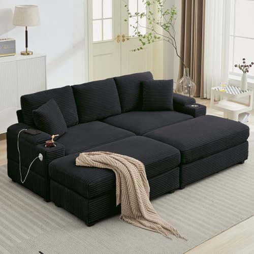 86.6" Sectional Sofa Couch with 2 Ottomans, Comfy Corduroy Upholstered Cloud Modular Convertible Couch with Cup Holders and USB, Armrest Storage, Deep Seat Oversized Loveseat for Living Room, Black - color: Black