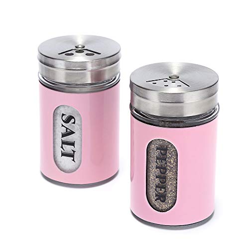 Salt and Pepper Shakers Stainless Steel and Glass Set with Adjustable Pour Holes (Pink) - color: Pink