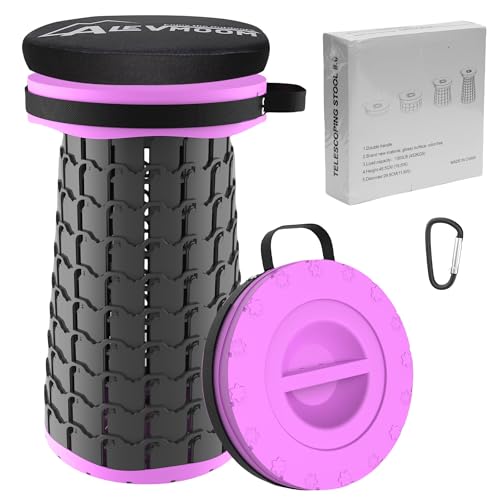 ALEVMOOM Upgraded XXL Collapsible Stool with Cushion 19.7",1000lbs Max Weight,Wider & Taller Pop Up Seat, Heavy Duty Portable Retractable Folding Chair or Travel Foot Rest for Camping & Outdoors - color: Purple, size: 11.8“x11.8”x19.7“