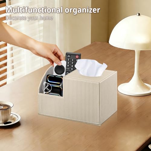 PU Leather Square Tissue Box Cover - Multi-Functional Tissue Box Holder, Tissue Box Cover with Storage,Tissue and Remote Control Holder, Cube Tissue Box Organizer Bedroom Nightstand End Table - color: Apricot