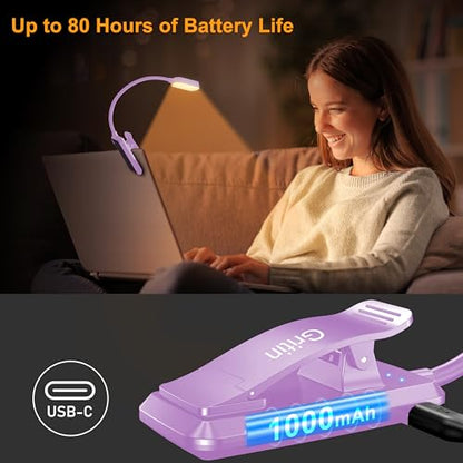 Gritin 16 LED Rechargeable Book Light for Reading in Bed- Eye Caring 3 Color Temperatures, Stepless Dimming Brightness, 80 Hrs Runtime, Lightweight Flexible Clip on Light for Book Lovers-Purple | Eye Caring 3 Color Temperatures, Stepless Dimming Brightnes