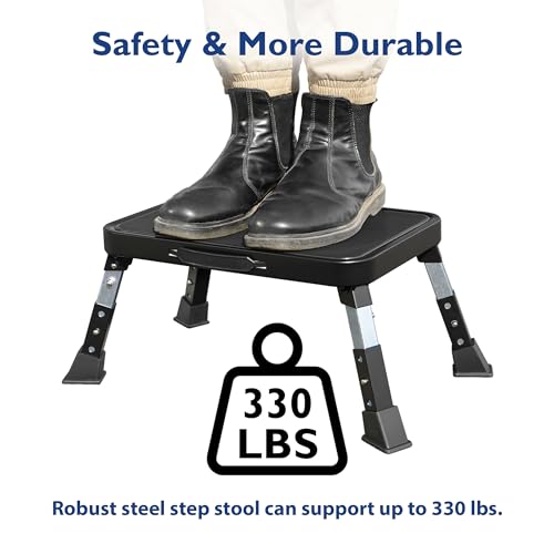 BONTEC Folding Step Stool, 3-Level Adjustable Metal Step Stool with Anti-Slip Pedal and Locking Legs, 330lbs Heavy Duty Folding Foot Stool, Portable Stepping Stool for Kids, Kitchen, Home, Office