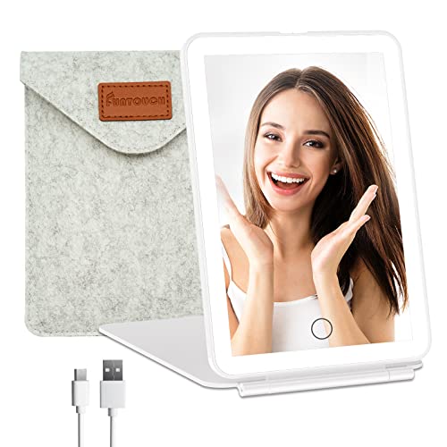 FUNTOUCH Rechargeable Travel Makeup Vanity Mirror with 72 LED Lights, Portable Lighted Beauty Mirror, 3 Lighting Modes, Dimmable Touch Screen, Tabletop Folding Cosmetic Mirror with Storage Bag - color: Ceramic White