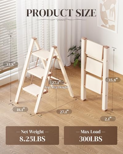 3 Step Ladder, Folding Step Stool with Wider Pedal, Anti-Slip Feet & Non Slip Stripes, Aluminum Sturdy Material, 300Lbs Capacity, Elegant Look of Cream Chocolate Better Matches Your Home - color: Cream Chocolate, size: 3 Step