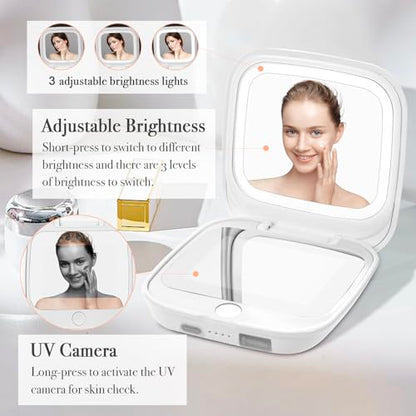 UV Camera Mirror for Sunscreen Test & SPF Detection, 1x/2x Magnifying Travel Mirror with Dimmable LED Lights, Handheld 2-Sided Portable Makeup Mirror for Handbag/Pocket,White