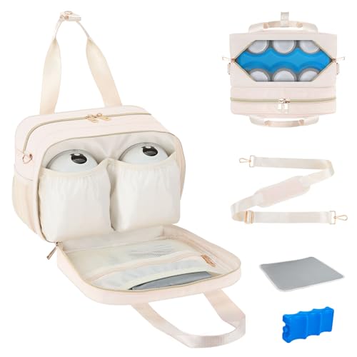 PIIOSER Breastmilk Cooler Bag with Ice Pack, Fits 6 Baby Bottles Up to 9 Ounce, Insulated Bottle Travel Bags with Shoulder Strap-Wearable Breast Pump Carrying Case for Nursing & Working Moms - color: Cream