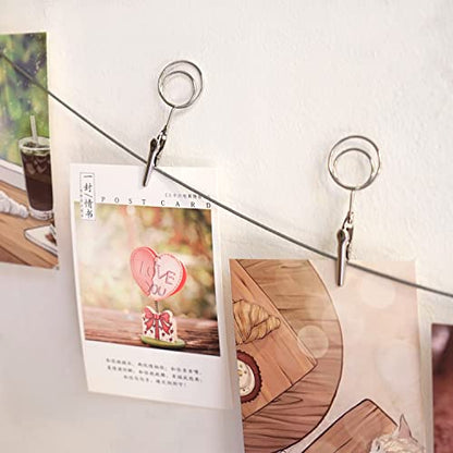 Multi-Purpose Steel Wall Hanging Photo Display Cable Wire Rod with 12 Adjustable Clips for Hanging Photos Notes Postcard and Artworks (Round) - size: Round