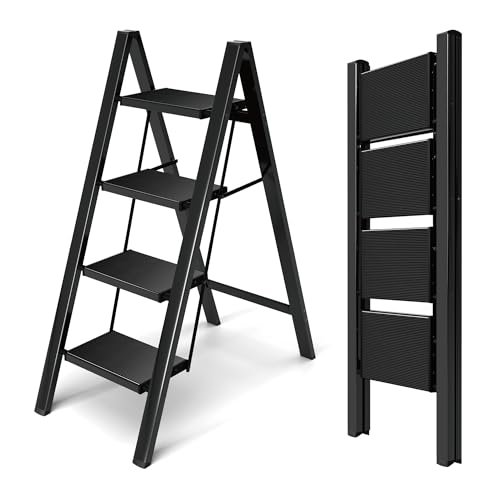 HillhutApex 4 Step Ladder, Lightweight Foldable 4 Step Stool with Anti-Slip Wide Pedal, 330lbs Capacity Aluminum Ladder for Household,Office,Garage(Black) - color: Black, size: 4 Step