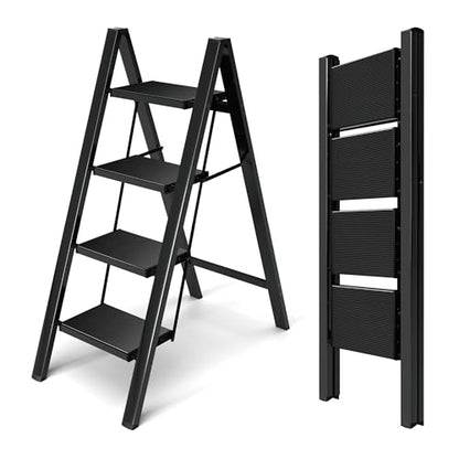 HillhutApex 4 Step Ladder, Lightweight Foldable 4 Step Stool with Anti-Slip Wide Pedal, 330lbs Capacity Aluminum Ladder for Household,Office,Garage(Black) - color: Black, size: 4 Step