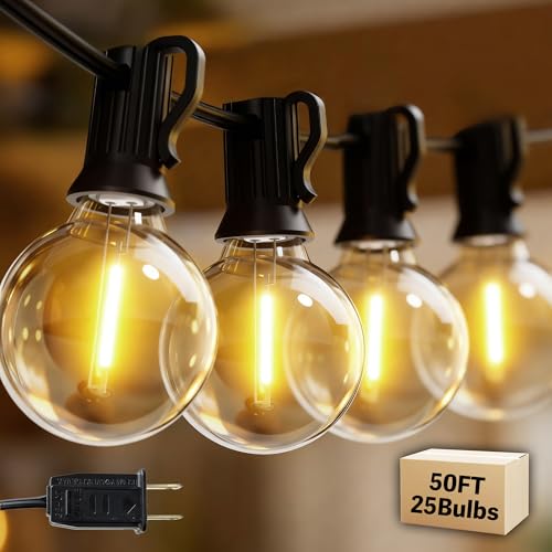 Outdoor String Lights 50FT with 25+2 G40 LED Bulbs, Shatterproof & Waterproof Patio Lights, Connectable Globe String Lights for Backyard Porch Deck Bistro Garden Party - size: 50FT