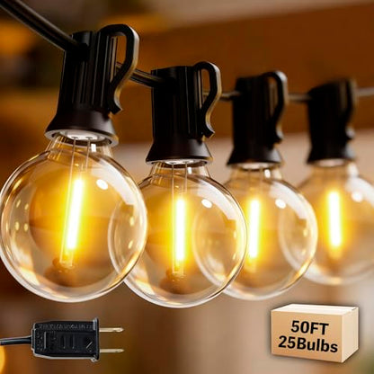 Outdoor String Lights 50FT with 25+2 G40 LED Bulbs, Shatterproof & Waterproof Patio Lights, Connectable Globe String Lights for Backyard Porch Deck Bistro Garden Party - size: 50FT