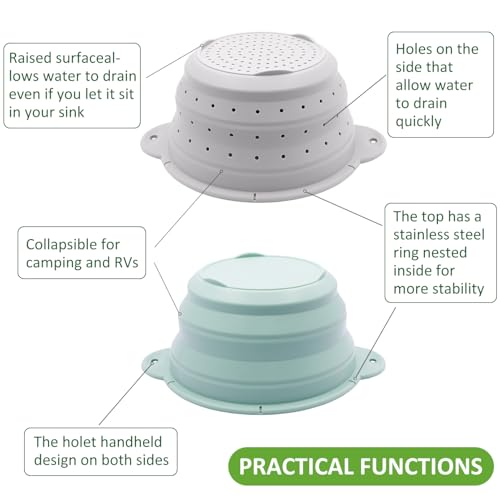 Collapsible Silicone Colander Bowl Set,BPA Free, Heat Resistant, Stainless Steel Nesting, Portable Washing Basket Strainer Drain Basin for Camping, Hiking, Kitchen, Dishwasher Safe (Grey+Green) - color: Gray+Green