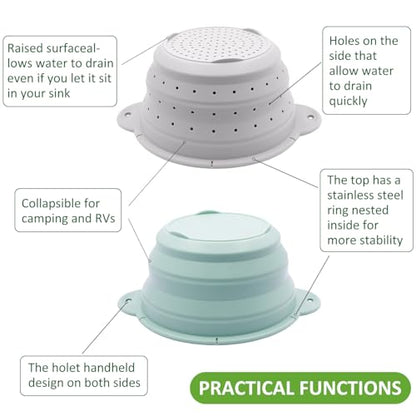 Collapsible Silicone Colander Bowl Set,BPA Free, Heat Resistant, Stainless Steel Nesting, Portable Washing Basket Strainer Drain Basin for Camping, Hiking, Kitchen, Dishwasher Safe (Grey+Green) - color: Gray+Green