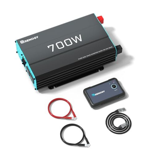 Renogy Inverter P2 700W Pure Sine Wave Inverter 12V DC to 120V AC Solar Power Converter for Off-Grid, Home, RV, Truck, Camping with 5V/2.1A USB Port, AC Hardwire Port, Remote Controller - size: 700W(No BT & ATS)
