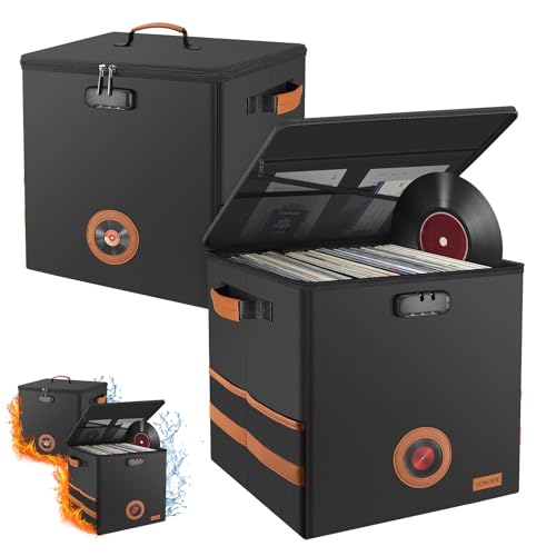 2-Pack Vinyl Record Storage Box with Lock, Collapsible＆Stackable Album Collection Display DIY Box, Fireproof＆Water Resistant LP Record Storage Crate Holds 100+ Records, 7/10/12 Inch Vinyl Record Case - size: 23" 2-PACK