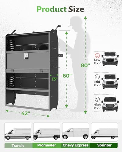 StarONE Heavy-Duty Adjustable Van Shelving with Lockable Door and Hooks, 42"W x 60"H x 13"D,Fit for Transit, Promaster, Chevy Express, Sprinter Mid/High Roof, Steel Cargo Van Storage for Jobsite Tools - size: 42"W x 60"H x 13"D