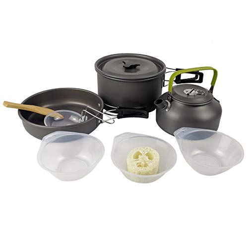 Camping Cookware Set Aluminum Nonstick Portable Outdoor Tableware Kettle Pot Cookset Cooking Pan Bowl for Hiking BBQ Picnic - color: Black