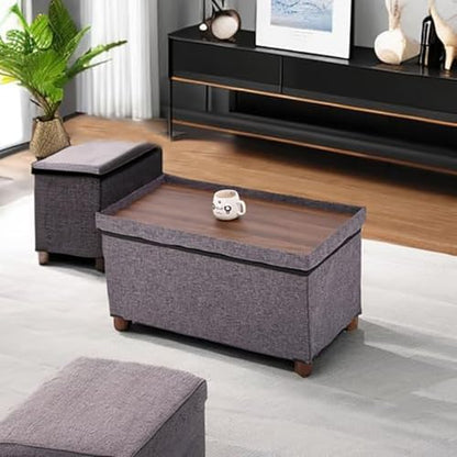 30 Inches Storage Ottoman Bench, Rect Grey, Modern, Classic Style, Linen Fabric, Walnut Wood Legs - color: Rect Grey