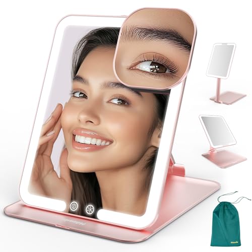 Mocado Travel Makeup Mirror with Light - 7x5 Inches Tripple Folding Travel Mirror with Light, 3 Colors Lighted Makeup Mirror, Portable Makeup Mirror, Freely Adjust Height and Angle(Rose Gold) - color: Rose Gold, size: 7.5"L x 5"W
