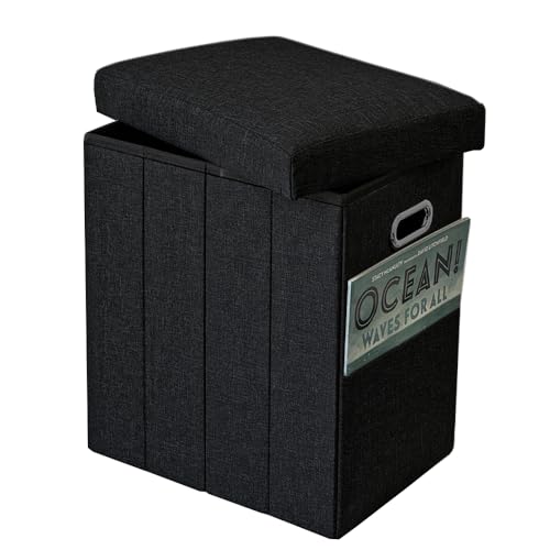 Tall Ottoman with Storage Collapsible Fabric Small Slim Folding Ottoman Furniture with Handles Lid for Room Footrest Foot Stool Linen Black 16.5x16.5x11.8in - color: Black