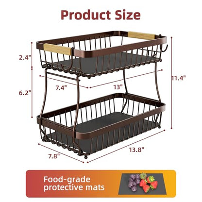 Sevenblue 2 Tier Large Fruit Basket for Kitchen Counter with 2 Mobile Banana Hangers, 2026 Pro Detachable Metal Fruit Bowl with Wooden Handle (Brown, 2 Tier) - color: Brown, size: 2 Tier Standard
