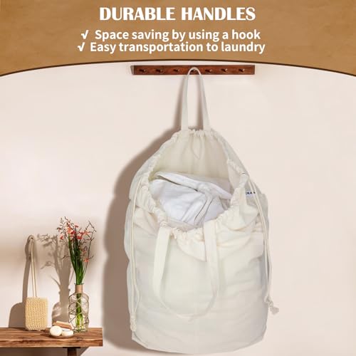 Canvas Laundry Bags with Handles & Square Base 16"Wx16"Depth x27.6"H, Extra Large Heavy Duty Laundry Basket Hamper Liner, Washable Drawstring Dirty Clothes Bag Canvas Storage Sack(Beige,1 Pack) - color: Beige 1-Pack | Square Base, size: 16"Wx16"Depthx27.6