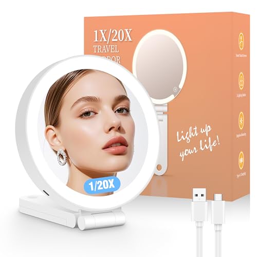 Travel Makeup Mirror with Lights, 20X/1X Double-Sided Magnifying Mirror with 3 Color Lights, Brightness Adjustable, Rechargeable, Foldable Handheld Makeup Mirrors Portable for Travel Use
