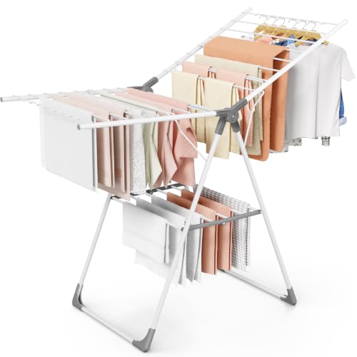 Sakugi Clothes Drying Rack with Height-Adjustable Wings, Metal Foldable Laundry Dryer Stand for Clothing & Bedding, Free-Standing Collapsible for Indoor & Outdoor Use, 55.5" L × 22.8" W, White Gray - color: White & Gray, size: Large (55.5"L x 22.8"W x 36.