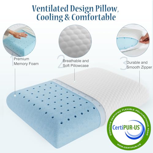 DUMOS Memory Foam Pillows for Sleeping 2 Pack, Bed Pillows for Adults with Washable Cover and Breathable Mesh, Gel Cooling Pillow for Back and Side Sleeper Support, White - size: 2P