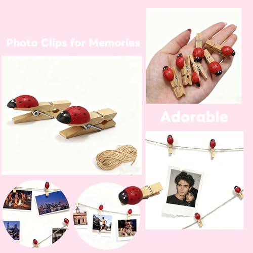 2 Sets Cute Ladybug Photo Clips with Hanging Strings, 24Pcs Mini Wooden Clips and 2 Jute Ropes for Picture Display,Small Pins for Notes Clothes Carfts Home Party Decoration Garland Gifts
