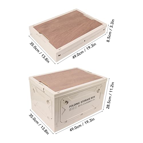 Foldable storage box, plastic campsite with wooden lids, storage tank with 50 lane and casters 50L, for camping, car trunk (Gray White) - color: Gray White