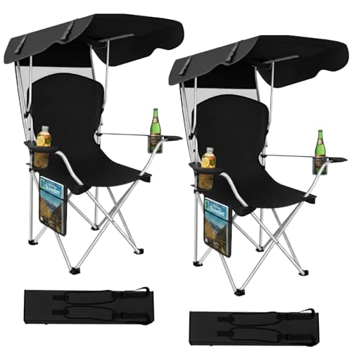 Portable Folding Camping Chairs with Canopy Shade, Beach Chair for Adults, Durable Weather Resistant 600D Oxford Cloth, Camping Chair with Canopy for Outdoors [Black-2 Pack] - color: Upgraded Black (2-pack)