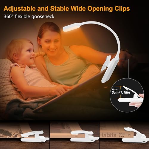 Gritin 16 LED Rechargeable Book Light for Reading in Bed- Eye Caring 3 Color Temperatures, Stepless Dimming Brightness, 80 Hrs Runtime, Lightweight Flexible Clip on Light for Book Lovers-White | Eye Caring 3 Color Temperatures, Stepless Dimming Brightness