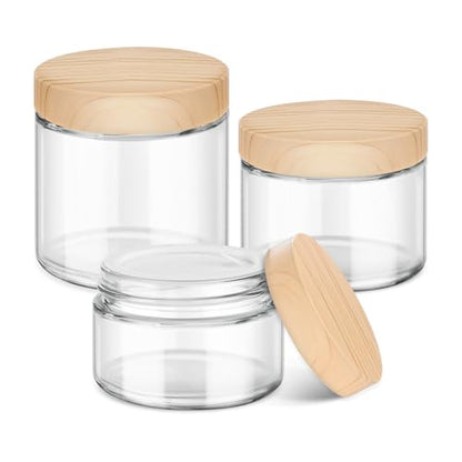 Glass Cosmetic Jars with Plastic Woodgrain Lids, 4 oz, 2 oz 1 oz Small Glass Storage Jars with Lids & Stickers, Reusable Clear Travel Containers for Creams, Lotion, Balms, Ointment 3 pack - color: Clear-3 Pack-124oz