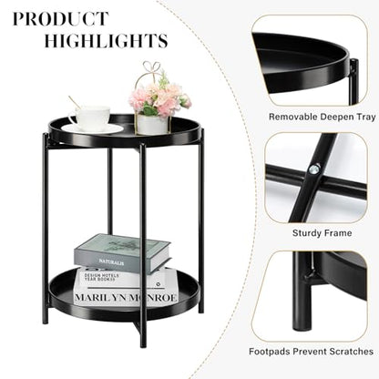 danpinera 2-Tier Round Side Table, Metal End Table with Removable Tray, Small Outdoor Table Accent Table, Anti-Rust Black Nightstand for Bedroom Balcony Patio (Black) - color: Black