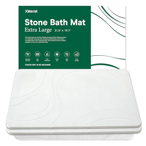 XMarrat Large Stone Bath Mat 2 Pack, 31.5'' x 19.7'' Super Absorbent Diatomaceous Earth Bath Mat Large, Quick Drying Non-Slip Diatomite Stone Bath Mats for Bathroom, Easy to Clean - color: White - 2 Pack, size: 31.5" x 19.7" (Rectangular)