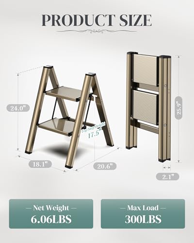 2 Step Ladder, Folding Step Stool with Wider Pedal, Anti-Slip Feet & Non Slip Stripes, Aluminum Sturdy Material, 300Lbs Capacity, Elegant Look of Champagne Gold Better Matches Your Home - color: Champagne Gold, size: 2 Step