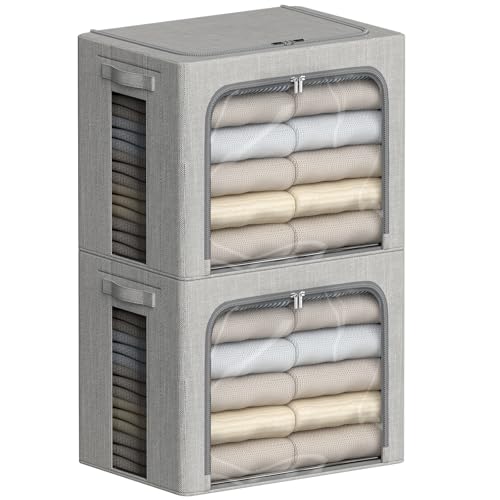 FHSQX 2 Pack Clear Window Storage Bins - Large Stackable Linen Fabric Storage for Clothes Foldable Container Organizer Set with Carrying Handles (Light Gray, 15.7x 11.8x 9.8Inch) - color: Light Gray, size: 15.7x 11.8x 9.8Inch