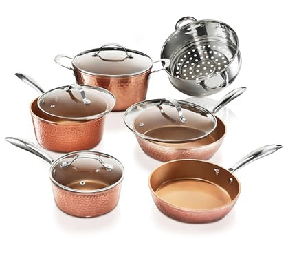 Gotham Steel Hammered 15 Pc Ceramic Cookware Set, Induction Pots and Pans Set Non Stick with Cooking Utensils & Steamer, Non Toxic Ceramic & Titanium Coating PFOA PFOS Free, Oven & Dishwasher Safe - color: Hammered Copper
