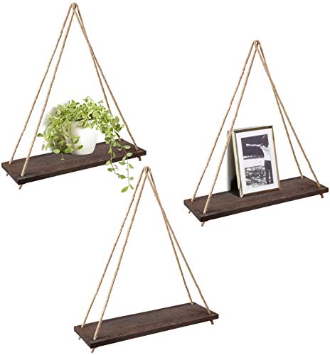 Mkono Wood Hanging Shelves for Wall Boho Decor Swing Rope Rustic Floating Shelf, Set of 3 Wall Display Shelving Home Organizer Rack for Living Room Bedroom Bathroom Kitchen,Brown - color: Brown