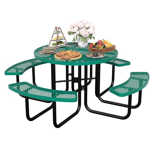 46'' Round Metal Picnic Table for Outdoors, Commercial Steel Metal Picnic Tables, Heavy Duty Sturdy Picnic Tables Furniture Set for Patio Garden Courtyard BBQ, with Umbrella Hole, Green - color: Green, size: 46in Round