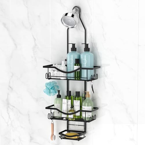 Shower Caddy Hanging Adjustable Shower Caddy, Rustproof Shower Organizer Extended Length Shower Caddies Over Shower Head with Hooks Soap Holder, Large Capacity Anti-Swing Bathroom Storage, Black - color: Black