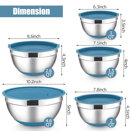 E-far Stainless Steel Mixing Bowls with Lids Set, 5-Piece Nesting Salad Bowls with 3 Grater Attachments and Non-Slip Bottoms, Size 4.6, 2.6, 2, 1.5, 1QT for Kitchen (Blue) - color: Blue, size: 5 Regular Sizes