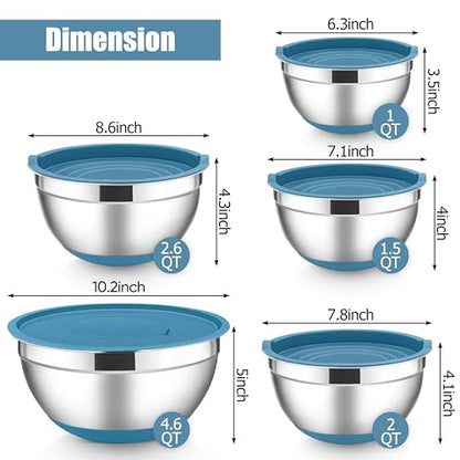 E-far Stainless Steel Mixing Bowls with Lids Set, 5-Piece Nesting Salad Bowls with 3 Grater Attachments and Non-Slip Bottoms, Size 4.6, 2.6, 2, 1.5, 1QT for Kitchen (Blue) - color: Blue, size: 5 Regular Sizes