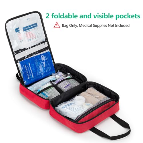 CURMIO Small First Aid Bag, Empty Emergency Trauma Kit Organizer Bag for Hiking, Camping, Car, Travel, Home and Outdoor, Red, BAG ONLY, Patent Pending - color: Red