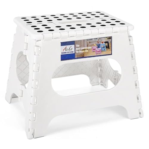 ACKO 11 Inch Folding Step Stool, Non-Slip Foldable Step Stools up to 300lbs for Kids and Adults, Portable Lightweight Collapsible Stool with Handle, for Kitchen Bathroom, White - color: White, size: 11 Inch
