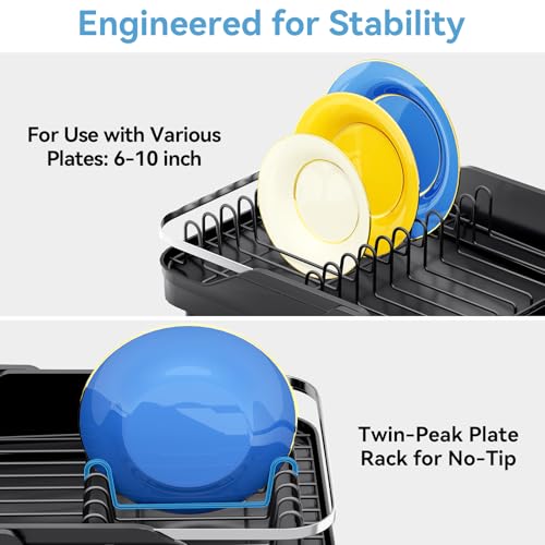 Urackify Dish Drying Rack for Kitchen Counter, Expandable Stainless Steel Dish Racks with Adjustable Water Spout, Space Saving Dish Drainer with Cutlery Holder,16.14"-23.62" L x 12.99" x 8.78",Black - color: Black