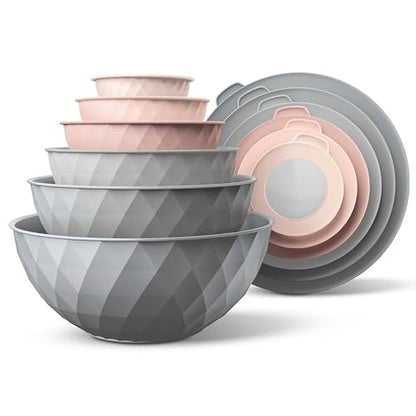 COOK WITH COLOR Mixing Bowls with Lids - 12 Piece Plastic Nesting Bowls Set includes 6 Prep Bowls and 6 Lids, Microwave Safe Mixing Bowl Set, Grey/Pink Diamond - color: Grey/Pink Diamond